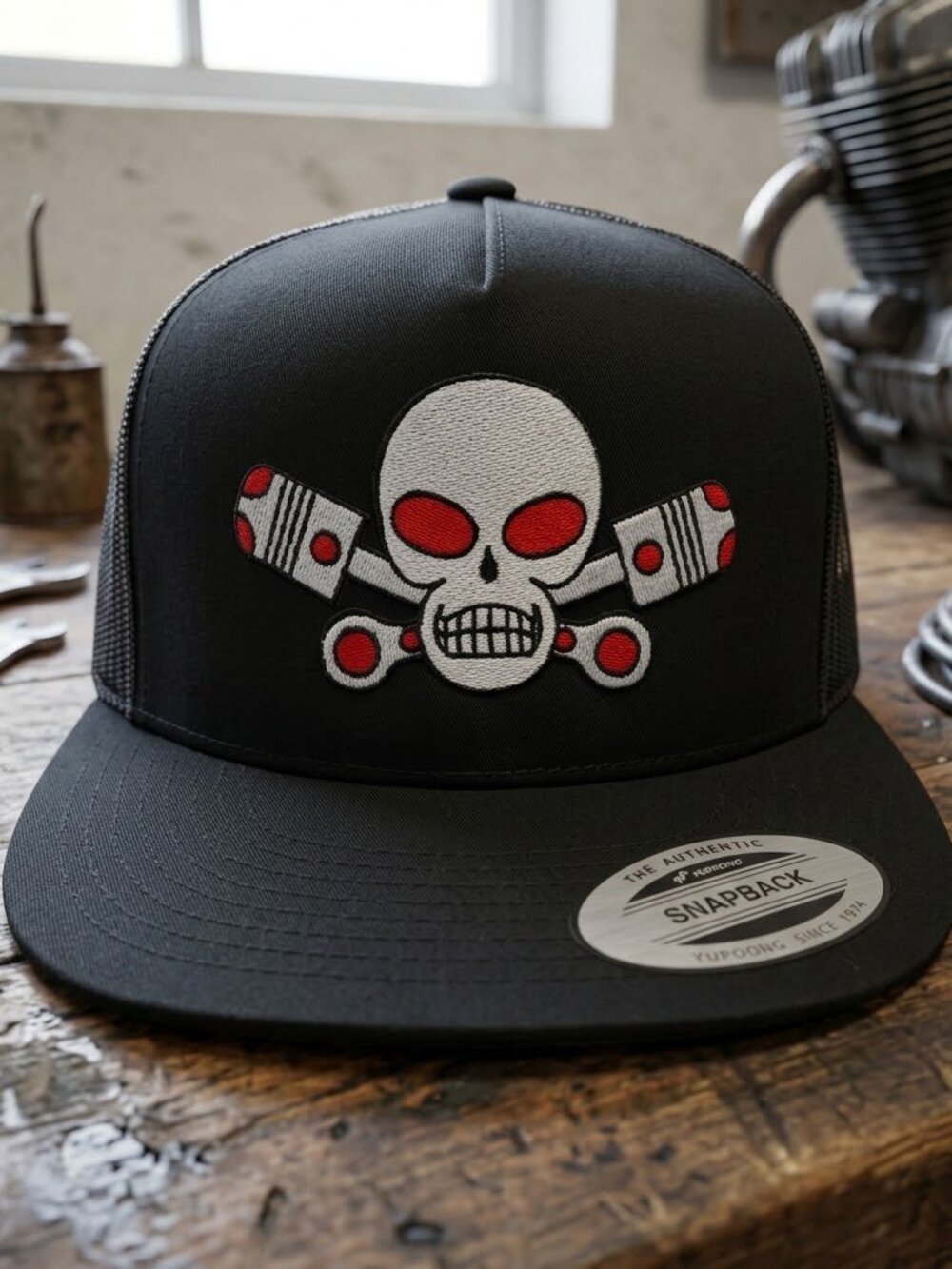 Retro Skull Crossed Pistons Hat Black Embroidered Biker Mesh Snapback Cap USA Ne